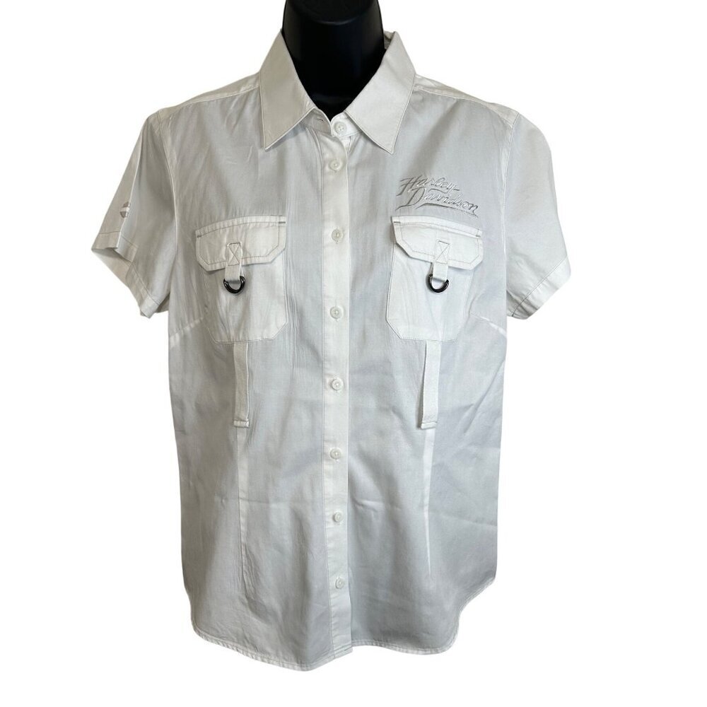 Harley-Davidson Embroidered Logo Button-up White Shirt Size L